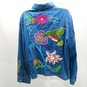 Vintage Embroidered Floral Hummingbird Denim Jacket Size 2X Wearable Art 80s-90s